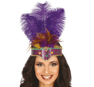 Dámská karnevalová čelenka s peřím, fialová