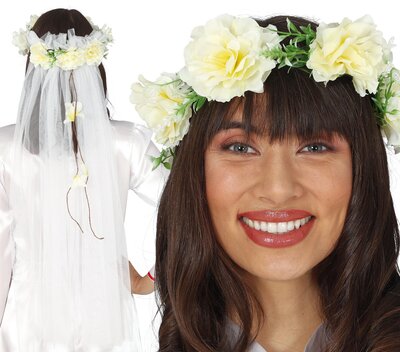 Bílý závoj s květinovou čelenkou