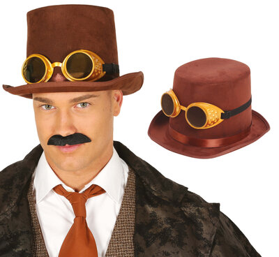Hnědý klobouk steampunk s brýlemi