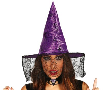 Čarodějnický klobouk s pavučinou, fialový